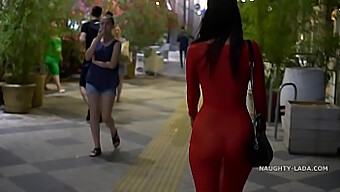 Outdoor Exhibitionist In Red Transparent Dress With Sheer Boobs And Panties