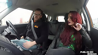 British Redhead Gives Public Blowjob And Fucks Driving Instructor In A Car